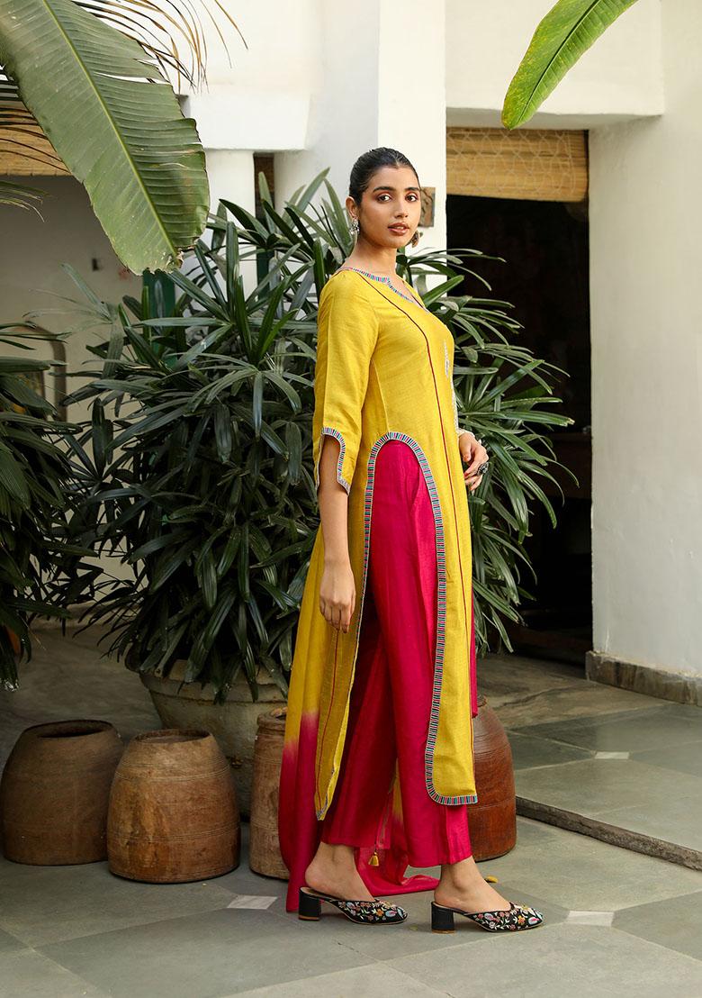 Mustard Yellow And Pink Zari Embroidered Viscose Raw Silk Kurta Set
