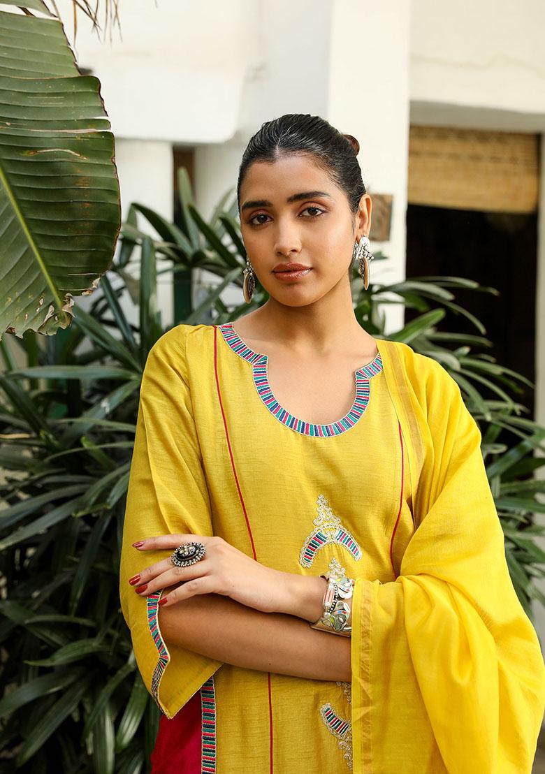 Mustard Yellow And Pink Zari Embroidered Viscose Raw Silk Kurta Set
