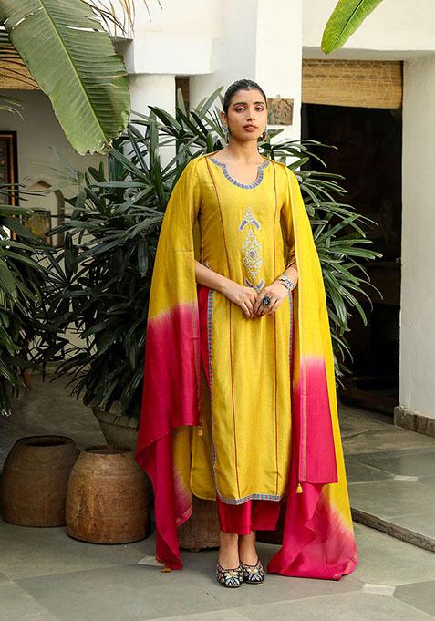 Mustard Yellow And Pink Zari Embroidered Viscose Raw Silk Kurta Set