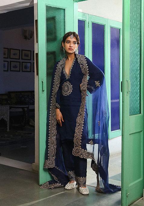 Navy Blue Zari Sequin Embroidered Organza Kurta Set