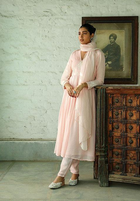 Baby Pink Pearl Embroidered Silk Organza Kurta Set