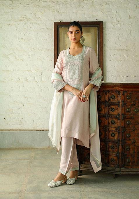 Powder Pink And Green Viscose Raw Silk Kurta Set