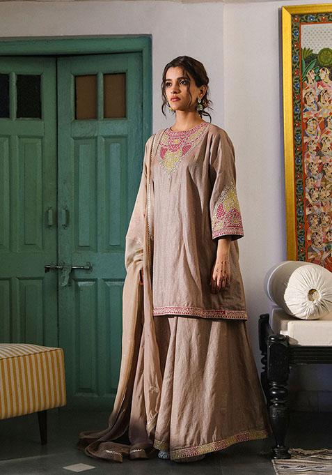 Stone Brown Zari Sequin Embroidered Kurta Set