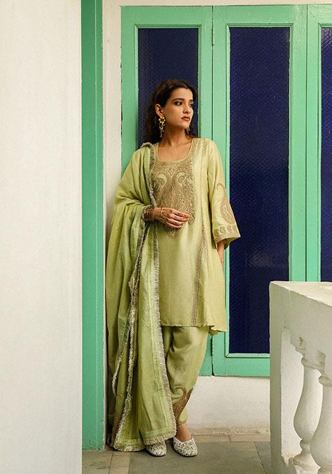 Pistachio Green Zari Sequin Embroidered Viscose Raw Silk Kurta Set