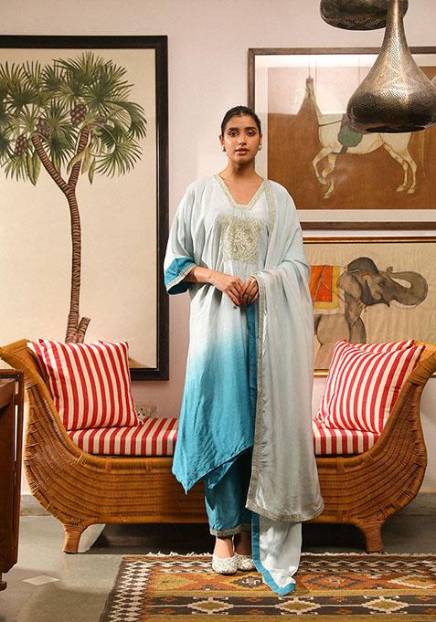 Ombre Blue Zari Sequin Embroidered Viscose Raw Silk Kurta Set