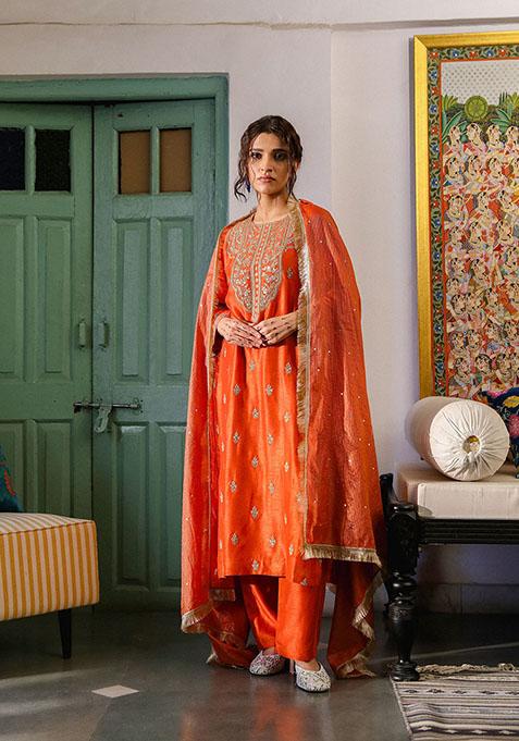 Tangerine Orange Zari Sequin Embroidered Viscose Raw Silk Kurta Set