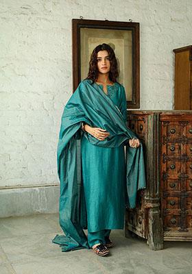 Teal Blue Zari Sequin Embroidered Viscose Raw Silk Kurta Set