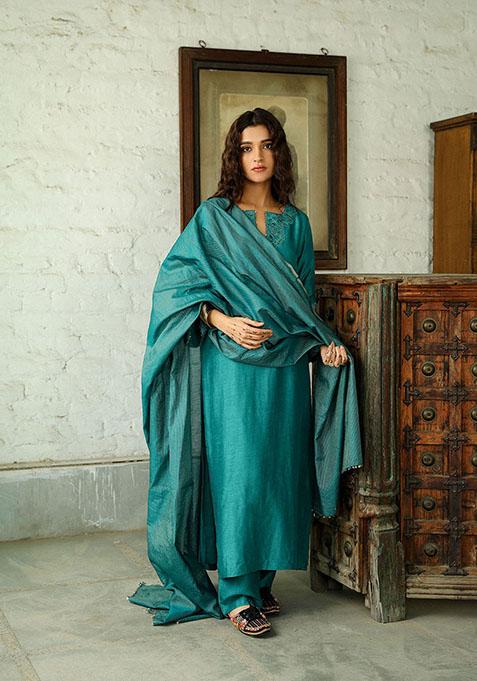 Teal Blue Zari Sequin Embroidered Viscose Raw Silk Kurta Set