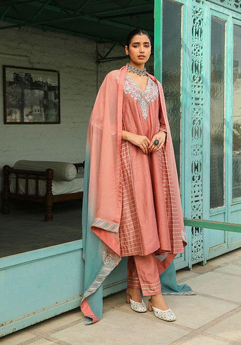 Salmon Pink Sequin Embroidered Viscose Raw Silk Kurta Set