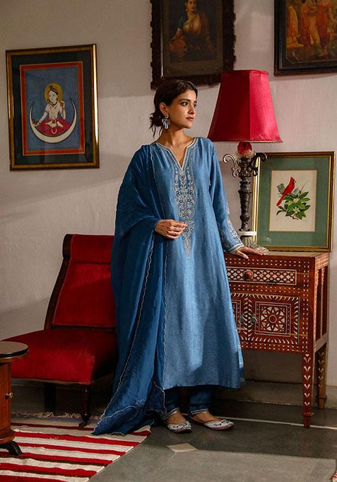 Cobalt Blue Zari Embroidered Viscose Raw Silk Kurta Set