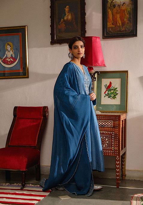 Riva Blue Color Velvet Zari Embroidered Real Mirror Work Kurti Palazzo Set