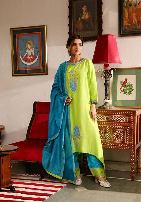 Vibrant Green Zari Embroidered Viscose Raw Silk Kurta Set