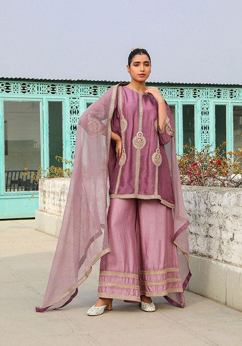 Violet Zari Sequin Embroidered Viscose Raw Silk Kurta Set