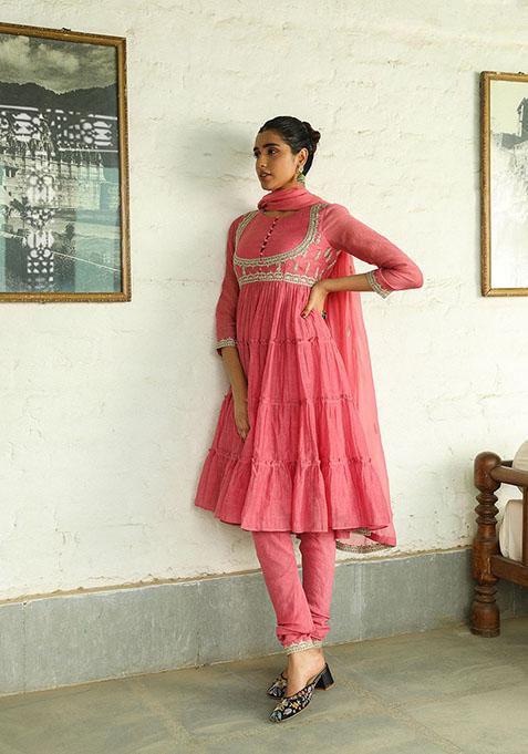 Dusty PinK Zari Embroidered Silk Chanderi Kurta Set