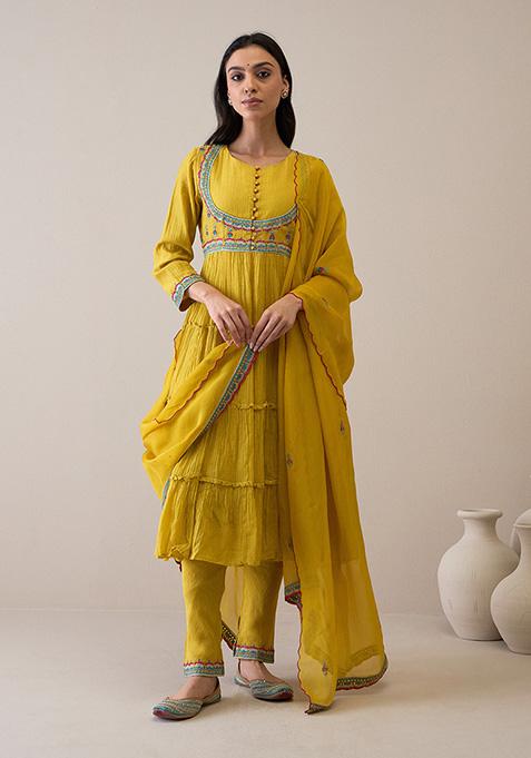 Mustard Resham Embroidered Pure Silk Handloom Chanderi Kurta Set