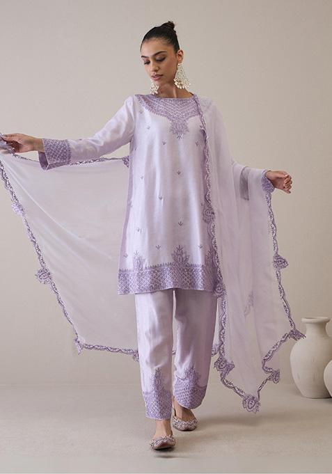 Lavender Resham Embroidered Viscose Raw Silk Kurta Set