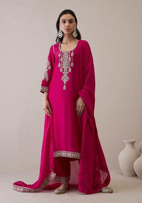 Magenta Zari Embroidered Viscose Raw Silk Kurta Set