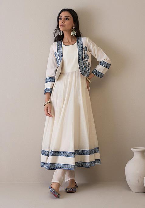 Off White And Blue Resham Embroidered Pure Chanderi Kurta Set