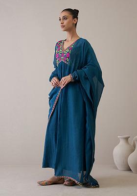 Indigo Blue Resham Embroidered Pure Silk Chanderi Kurta Set