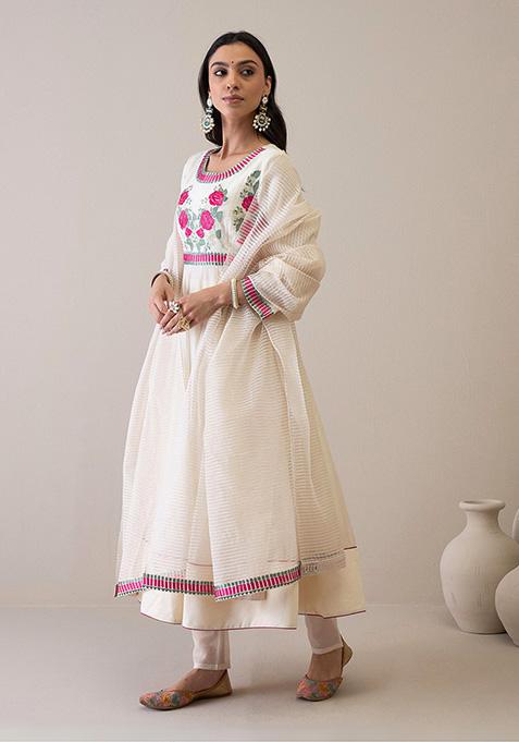 Off White Resham Embroidered Pure Silk Chanderi Kurta Set