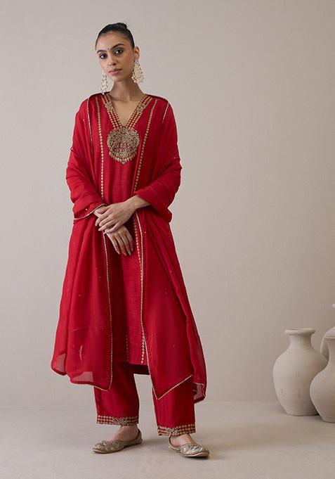 Crimson Red Hand Embroidered Viscose Raw Silk Kurta Set