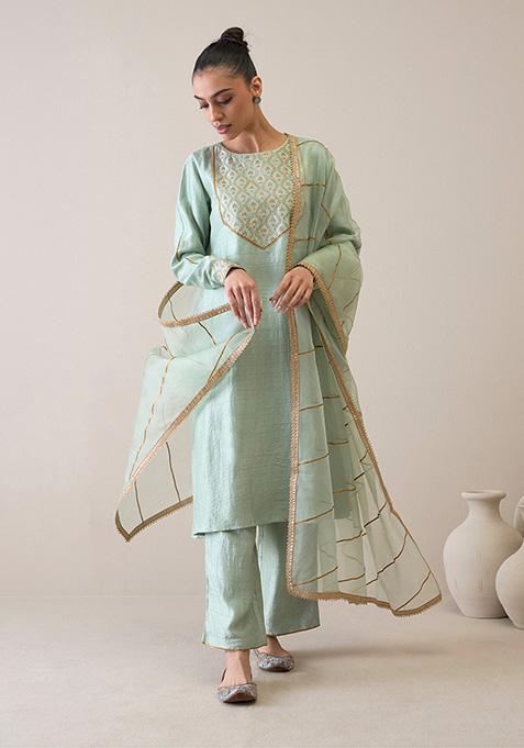 Aquamarine Zari Embroidered Viscose Raw Silk Kurta Set