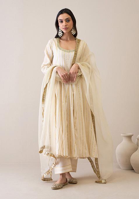 Ivory Mirror Embroidered Cotton Silk Kurta Set