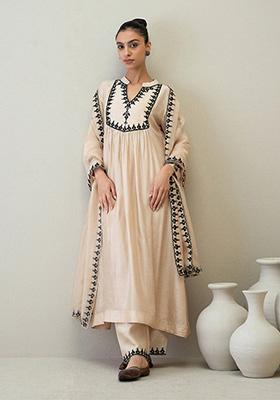 Beige Resham Embroidered Viscose Raw Silk Kurta Set