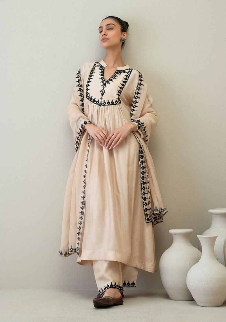 Beige Resham Embroidered Viscose Raw Silk Kurta Set
