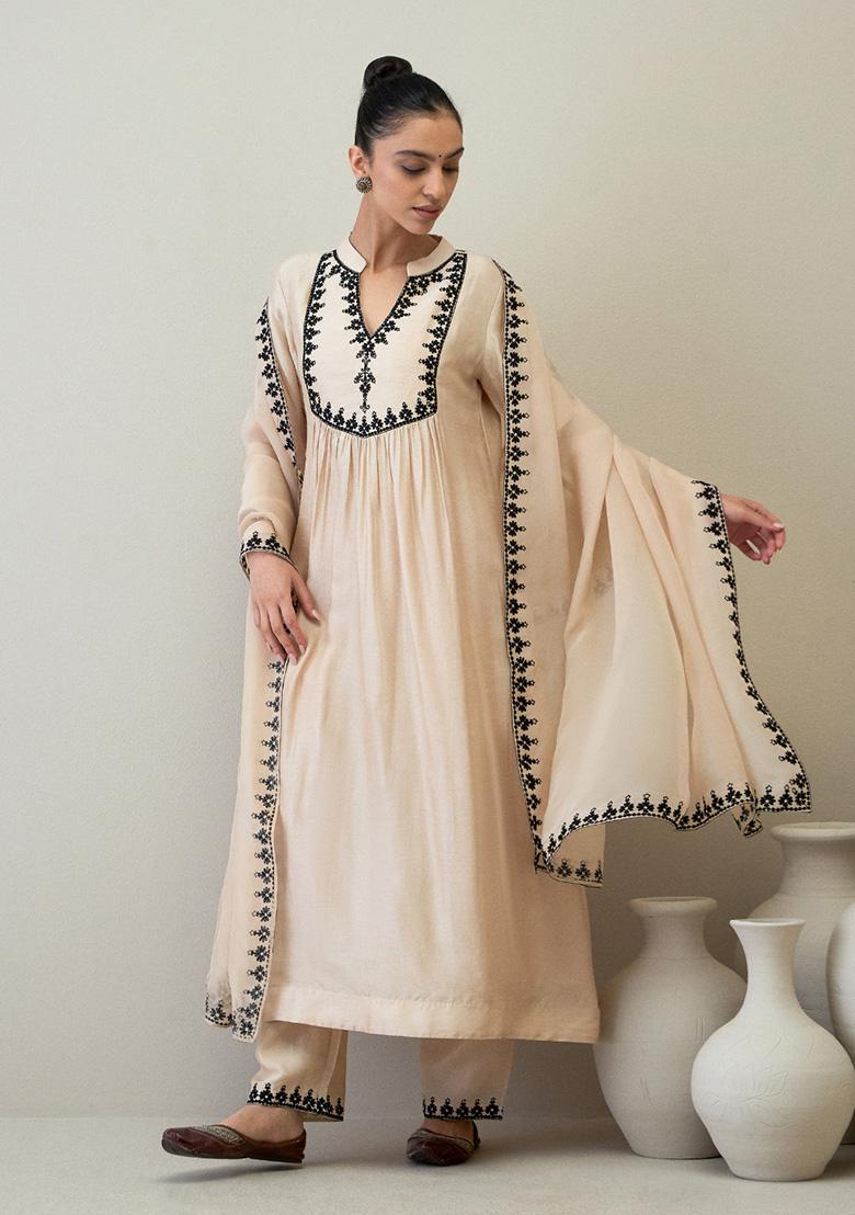 Beige Resham Embroidered Viscose Raw Silk Kurta Set