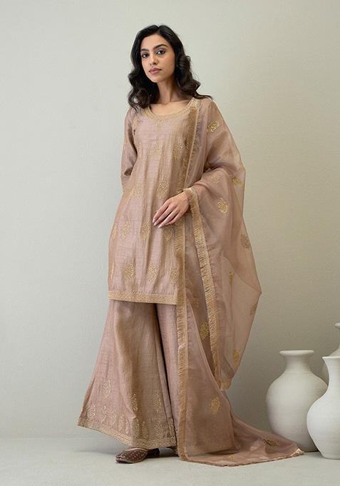 Mocha Brown Zari Embroidered Viscose Raw Silk Kurta Set