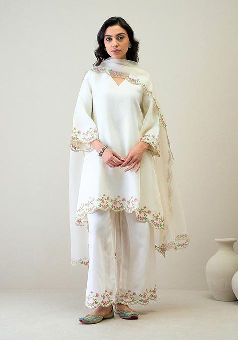 White Resham Embroidered Shimmer Cotton Kurta Set