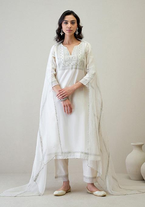 Off White Zari Sequin Embroidered Silk Chanderi Kurta Set