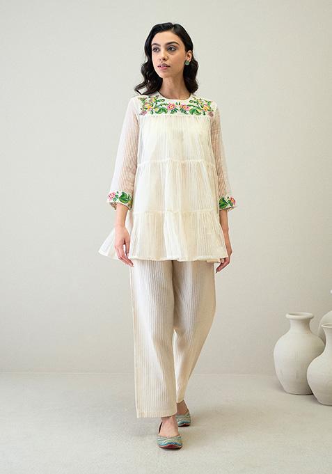 Ivory And Green Resham Embroidered Silk Organza Co-Ord Set