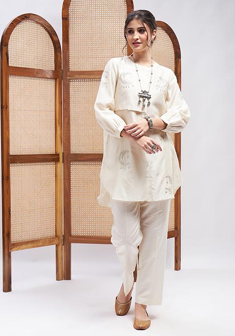 Off White Zari Sequin Embroidered Pure Silk Chanderi Kurta Set