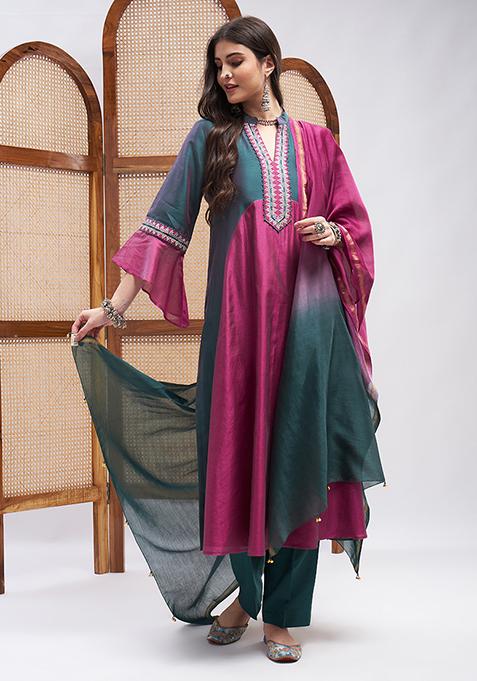 Turquoise And Magenta Resham Zari Embroidered Silk Chanderi Kurta Set