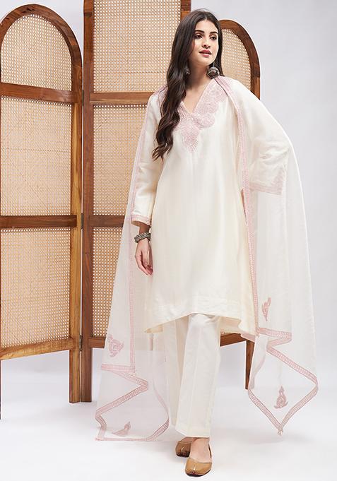 Off White Resham Zari Embroidered Pure Silk Chanderi Kurta Set