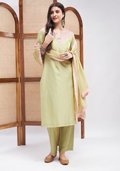 Pistachio Green Resham Zari Embroidered Pure Silk Chanderi Kurta Set