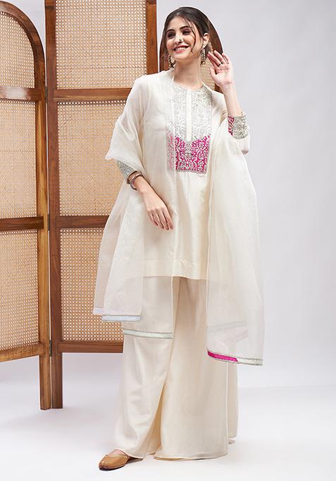 Off White Zari Embroidered Pure Silk Chanderi Kurta Set