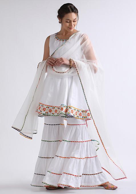 White Resham Embroidered Linen Kurta Set