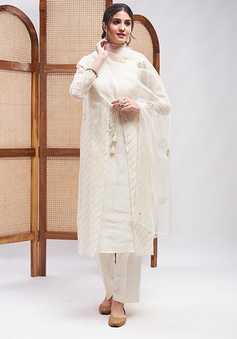 Off White Zari Sequin Embroidered Silk Chanderi Kurta Set