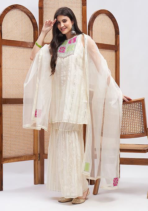 Off White Zari Embroidered Pure Silk Chanderi Kurta Set