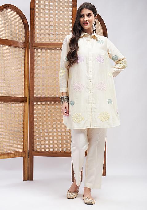 Off White Resham Embroidered Pure Silk Chanderi Kurta Set