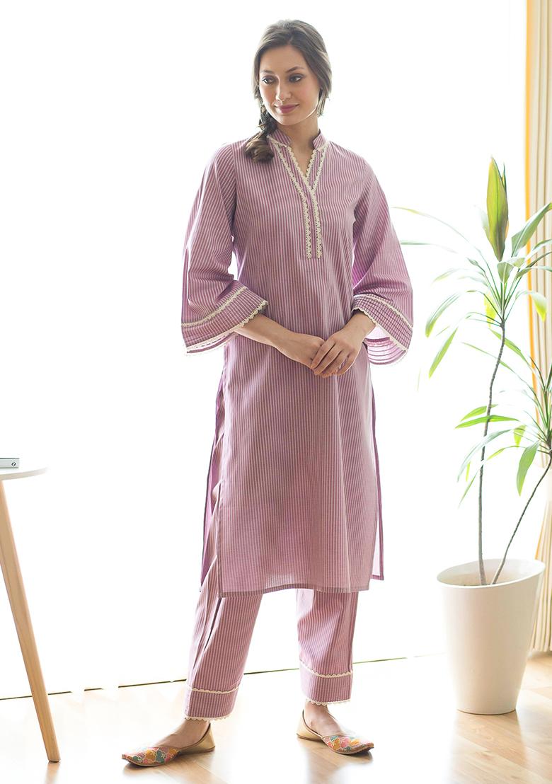 Burgundy Lace Embroidered Pure Cotton Kurta Set