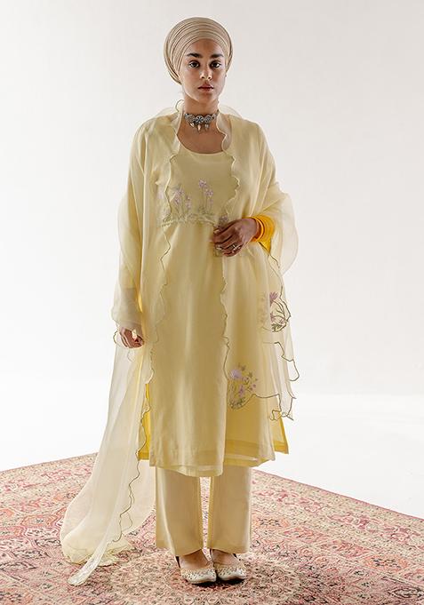 Yellow Resham Embroidered Pure Silk Chanderi Kurta Set