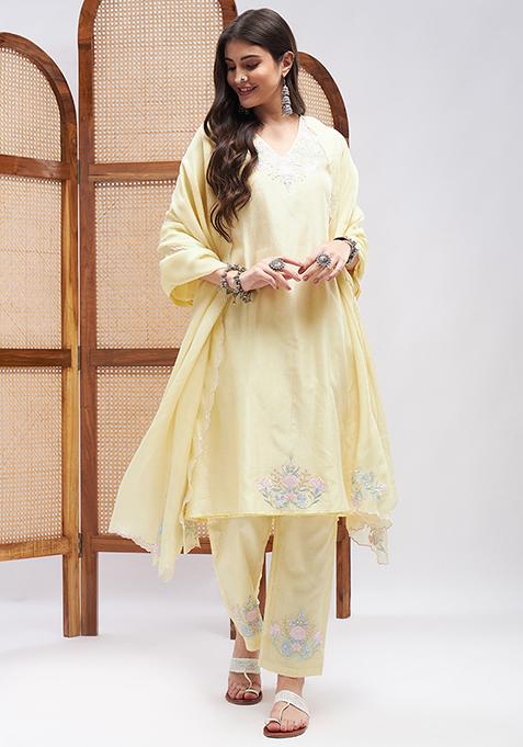 Yellow Resham Embroidered Pure Silk Chanderi Kurta Set