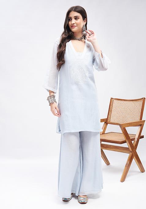 Pastel Blue Resham Aari Embroidered Pure Silk Chanderi Kurta Set