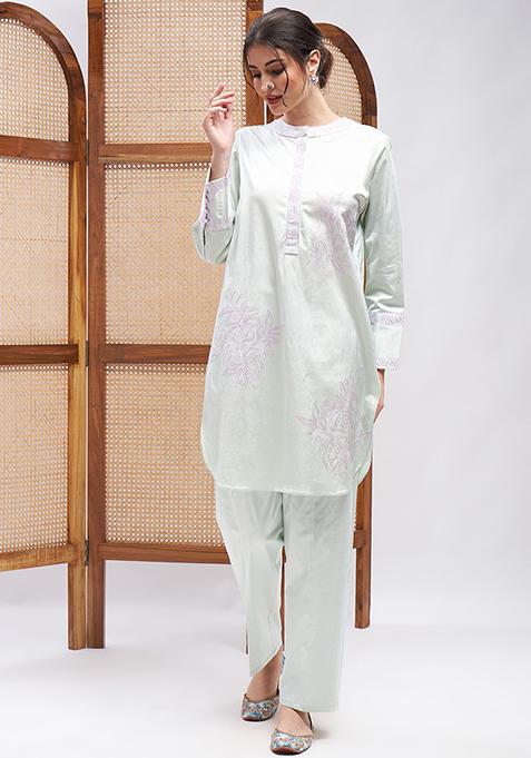 Pastel Green Resham Embroidered Pure Cotton Satin Kurta Set