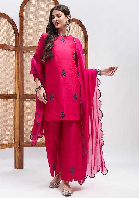 Magenta Resham Embroidered Silk Chanderi Kurta Set