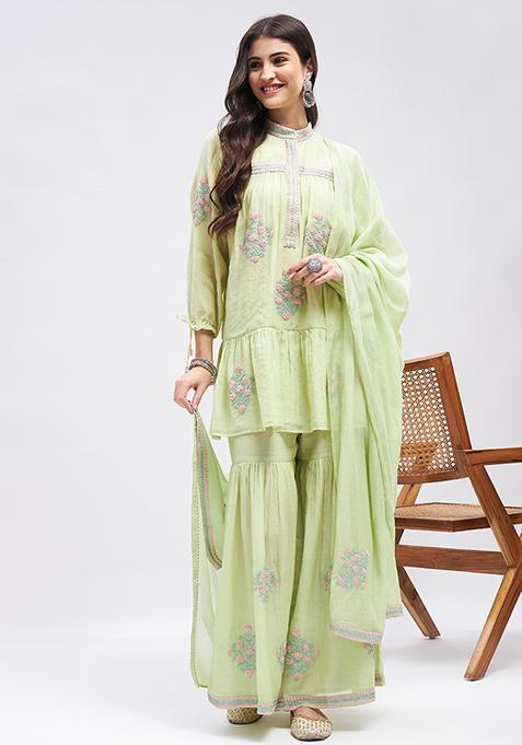 Pastel Green Resham Embroidered Pure Silk Chanderi Kurta Set